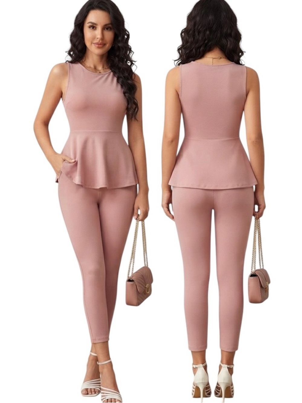 EMERY ROSE Clasi Solid Peplum Tank Top & Leggings L NWT